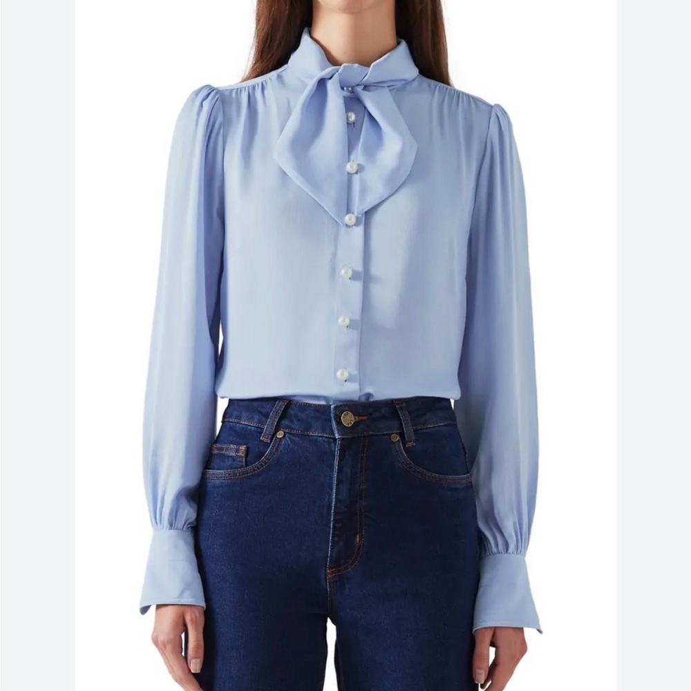 LK Bennett London Hall Tie Neck Blouse Women’s 8 Periwinkle‎ Blue Puff Sleeve